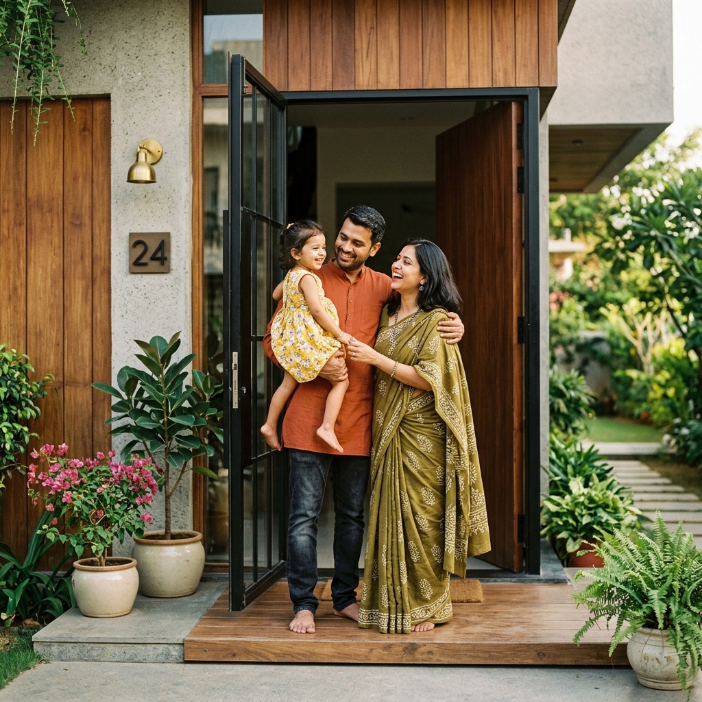 A warm family moment at their new home's doorstep